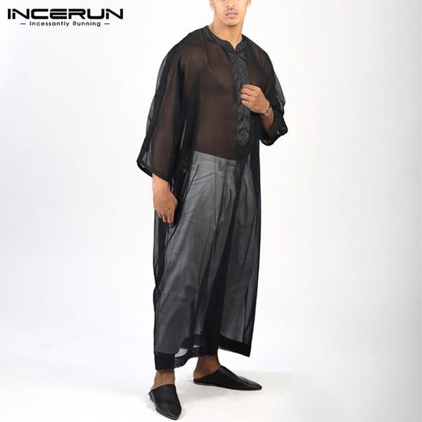 

ethnic clothing incerun men mesh robes 3/4 sleeve v neck patchwork muslim islamic arabic kaftan jubba thobe transparent s-5xl, Red