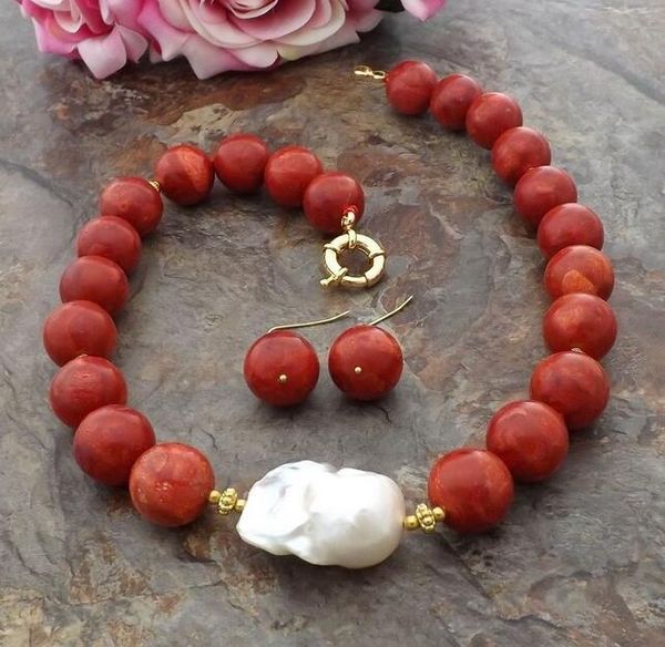

earrings & necklace beautiful 14mm red coral white keshi pearl set, Silver