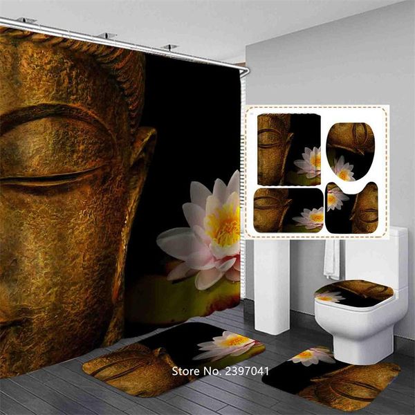 

shower curtains buddha african woman bathroom set goddess map waterproof curtain non-slip carpet toilet cover mat
