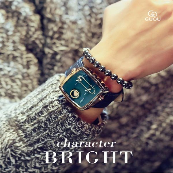 

wristwatches watches men 2021 guou quartz clock leather watchband rectangle wristwatch hodinky montre homme, Slivery;brown