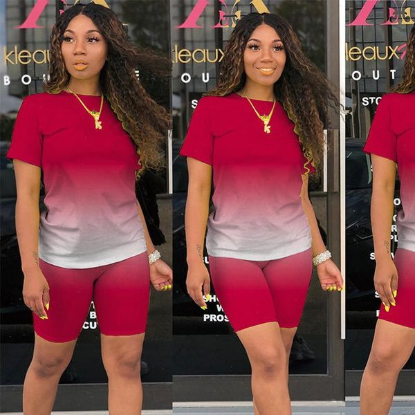 

two piece set women summer casual gradient color bodycon tracksuit crop joggers biker shorts matching set female, Gray