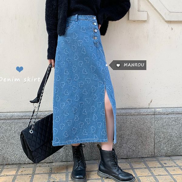 

2021 spring new korean style high waist slim breasted denim mid-length split a-line skirt women ufq2, Black