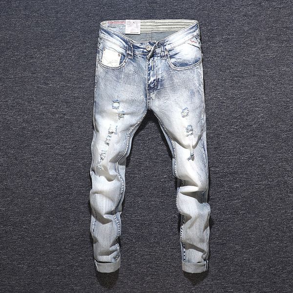 

2021 new italian style fashion light blue elastic ripped men denim hip hop pants streetwear vintage designer jeans homme x85j