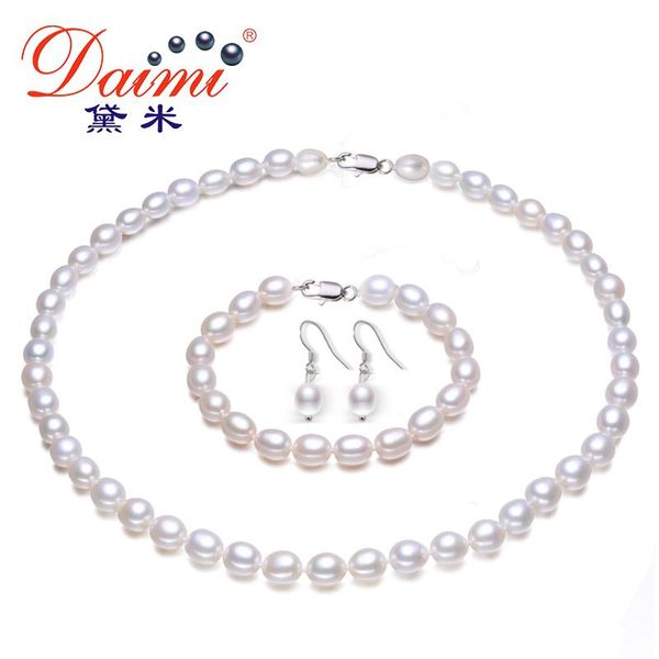 

bracelet, earrings & necklace pearl jewelry sets pure white rice 925 sterling silver for women ., Black