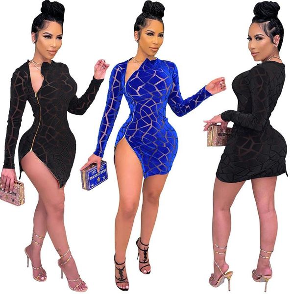 

casual dresses charming women irregular dress 2021 v-neck long sleeves flocking slimming waist mini side split bodycon zipper nightclub, Black;gray