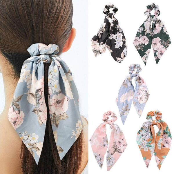 

hair accessories bowknot scrunchies silk scarf ties chiffon floral ribbon bows flower scrunchy ropes for women, Slivery;white