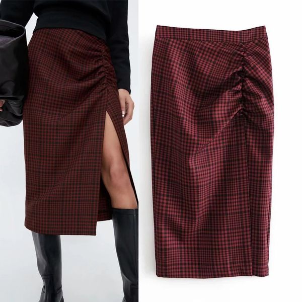 

Red 2021 New Plaid Midi Womens Winter Draped High Waist Long Skirt Woman Side Slit Vintage Elegant Ladies Skirts Zpy9 RVBH, Black