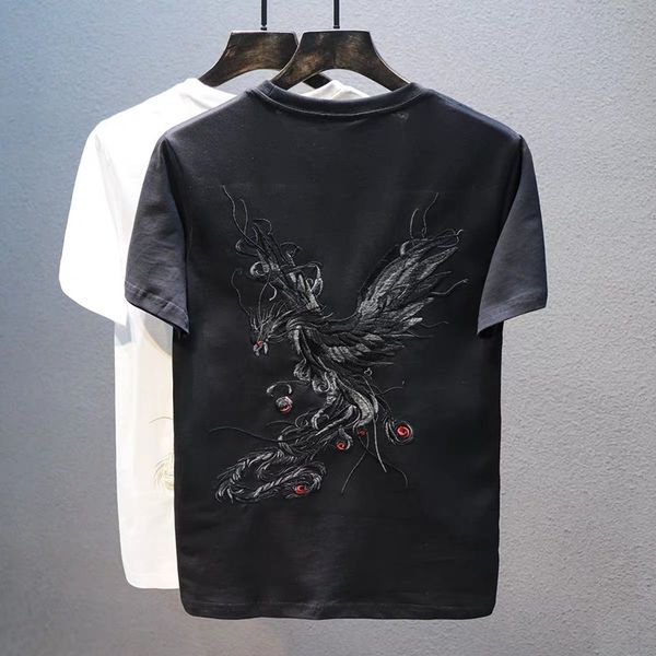 

the new trend of 2021 chinese ethnic style hand-embroidered men's clothing, 100% cotton t-shirt , men's spring, summer and autumn, White;black