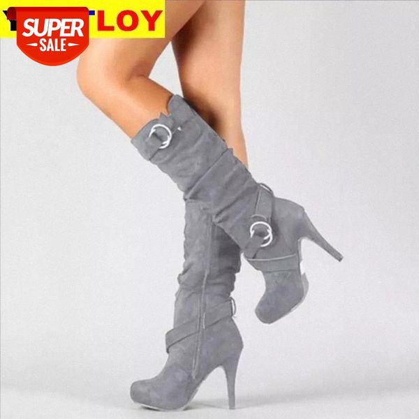 

size 34-43 lady shoes buckle strap flock knee high women boots thin heel round toe platform fashion ladies pu leather #aq7s, Black