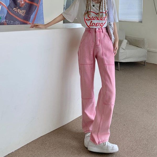 

women's jeans high waist 2021 summer pink streetwear korean fashion baggy wide leg trouser casual straight denim pants, Blue