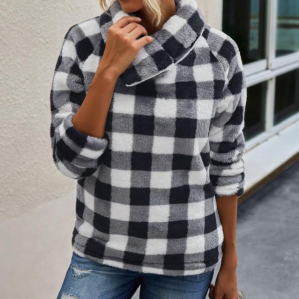 

women's hoodies & sweatshirts fashion women pullovers oversize slant zipper collar plaid sweatshirt plush warm pullover blouse casual, Black