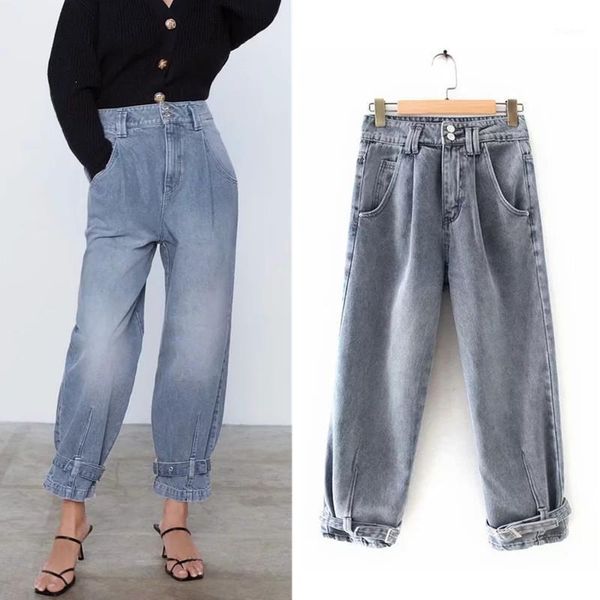

casual jeans high waist jeans women belt zipper pockets wide leg pants female loose denim trousers1, Blue