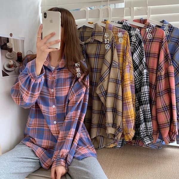 

2021 new style autumn all-match female plaid in non-mainstream design midi shirt ug9p, White