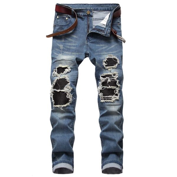 

2021 new autumn spring men's ripped street hip hop punk stretch bike jeans trendy holes straight denim trouers v8py, Blue