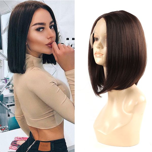 

silky straight synthetic lace t-part bob wig middle length 14inch brown wig ombre color for women daily use by fashion iconfactory direct, Black