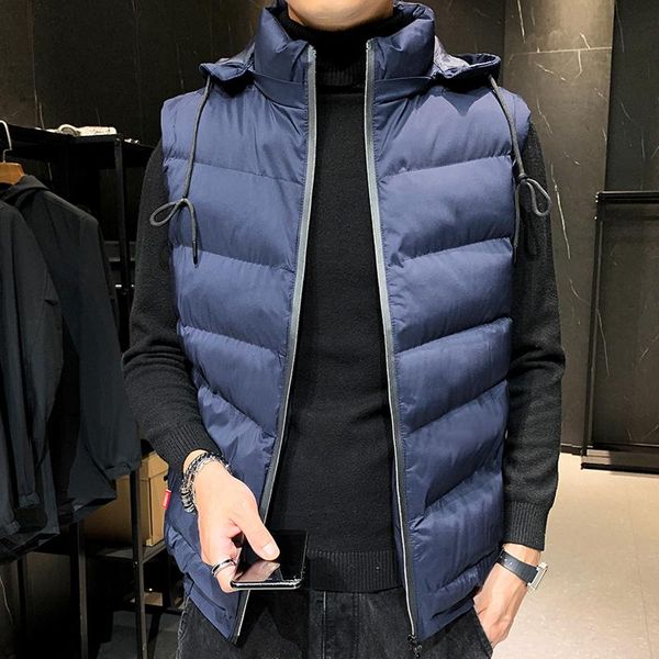 

men's vests warm thick hooded coats men vest detachable hat winter sleeveless jacket down male cotton-padded work waistcoat, Black;white