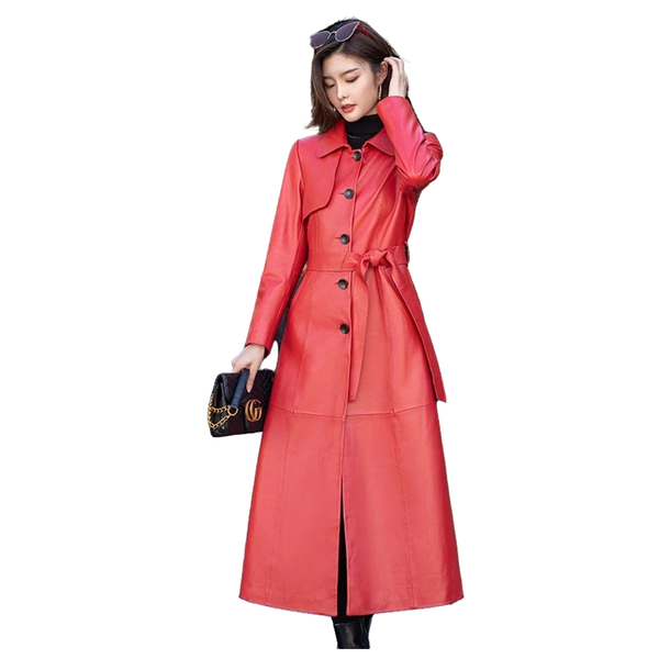 

women's leather & faux windbreaker 2021 spring and autumn fashion sheepskin trench ol x-long slim coat with belt 4xl, Black