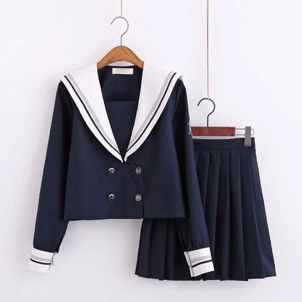 

clothing sets autumn academic japanese schoolgirl uniforms navy long short shirt option pleated skirt student uniform school girl, White