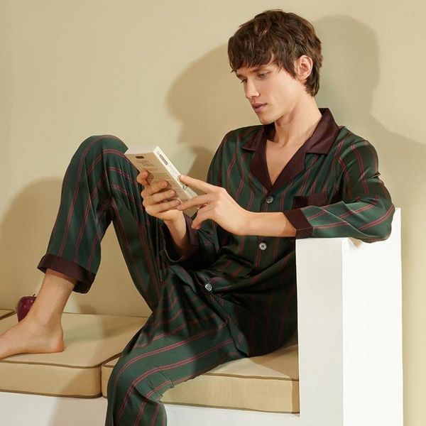 

men's pajamas spring autumn silk satin long sleeve home wear, Black;brown