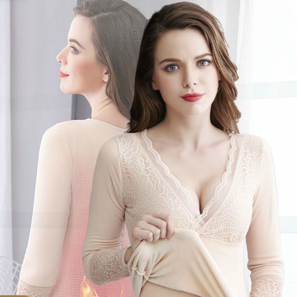 

women new 2021 autumn winter warm female plus veet pullovers blouse lace v-neck long sleeve slim body clothing a386g9nn, Black;pink