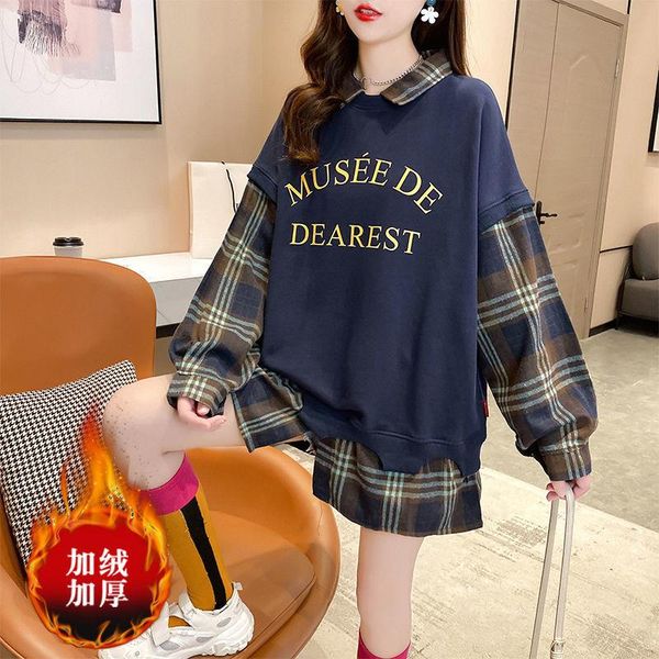 

women's hoodies & sweatshirts fake two piece women fashion plush autumn and winter thickened korean casual loose splicing, Black