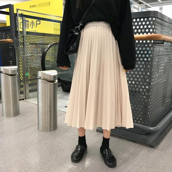 

skirts winter women draped rib pleated skirt elastic high waist long female autumn ladies quality midi saia, Black