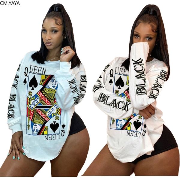 

cm.yaya women black queen q poker card long sleeve t-shirt 210309, White