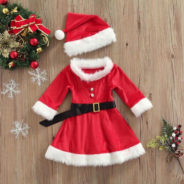 

girl's dresses 2022 kids girls christmas children fluffy stitching boat neck long sleeve dress+hat+waist belt suit for 1-5t, Red;yellow