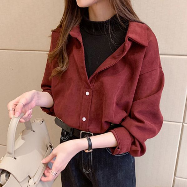 

new 2021 long sleeve false two shirts autumn corduroy solid women's shirt turn down collar blouse 328c, White