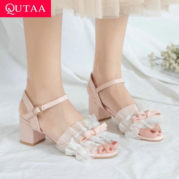 

sandals qutaa 2021 women lace ruffles pu leather sweet style buckle square high heel bowknot summer female shoes big size 34-43, Black