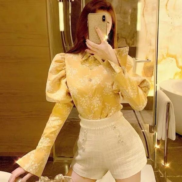 

mesh embroidery women's blouse long puff sleeve turn down collar shirts female spring elegant fashion ladies ol style 210308, White