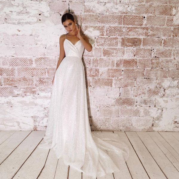 

other wedding dresses glitter princess beach spaghetti straps shiny bride dress backless party gowns, White