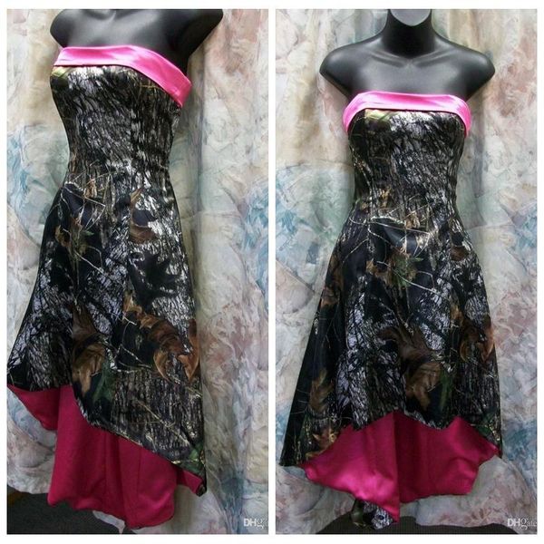 

bridesmaid dress 2021 strapless camo a line high low bridesmaids dresses hi-lo short camouflage fuchsia party gowns honor of maid, White;pink