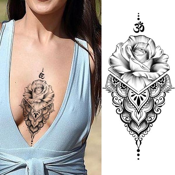 

temporary tattoos rose peony flower girls fake waterproof black tattoo stickers blossom lady chest tatoo arm chains pattern