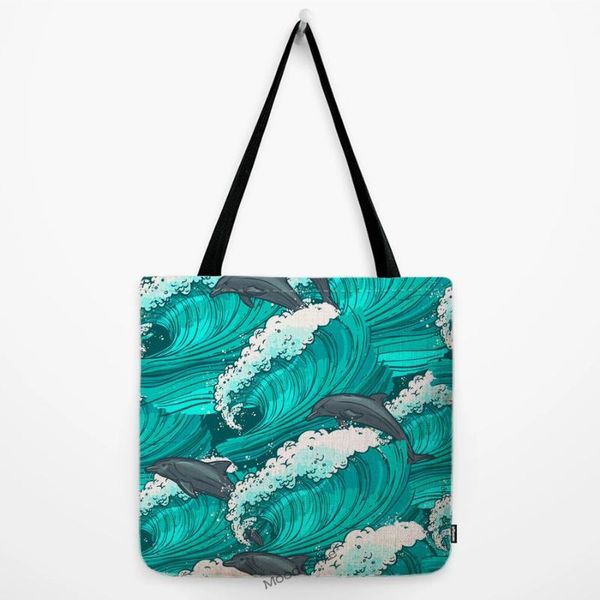 

storage bags great geometric sea wave seaspray nordic style shoulder carrying bag water resistant cotton linen large size shopper tote