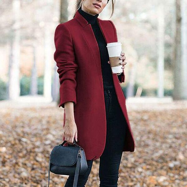 

women's wool & blends solid long trench slim fit stand collar office shopping women coat outwear fashion ladies elegant winter warm ou, Black