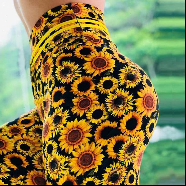

women sunflower print leggings push up elastic workout adventure time fitness leggings high waist bodybuilding pants, Black