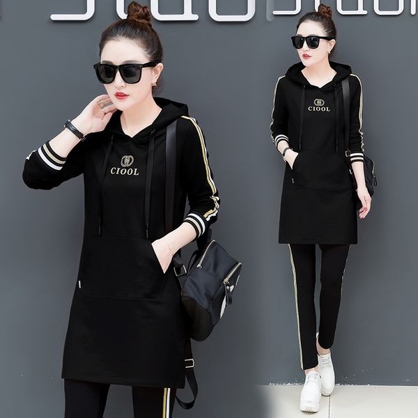 

hooded autumn hoodies two-piece sets and pants korean fashion clothing retro womens fall outfit matching korean style t200116, White