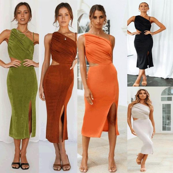 

casual dresses slim hollow out summer dress 2021 one-shoulder strap solid color stretch knitted mid-length split bodycon, Black;gray