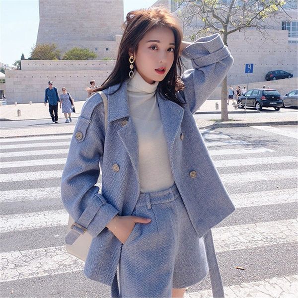 

female winter woolen jackets turned down elegant chic jacket loose clothing leg shorts of two suits y337 n5ko, Blue