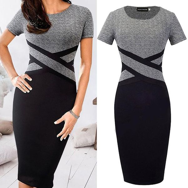 

casual dresses women short sleeve o-neck midi dress slim party summer vestidos black grey patchwork striped bodycon, Black;gray