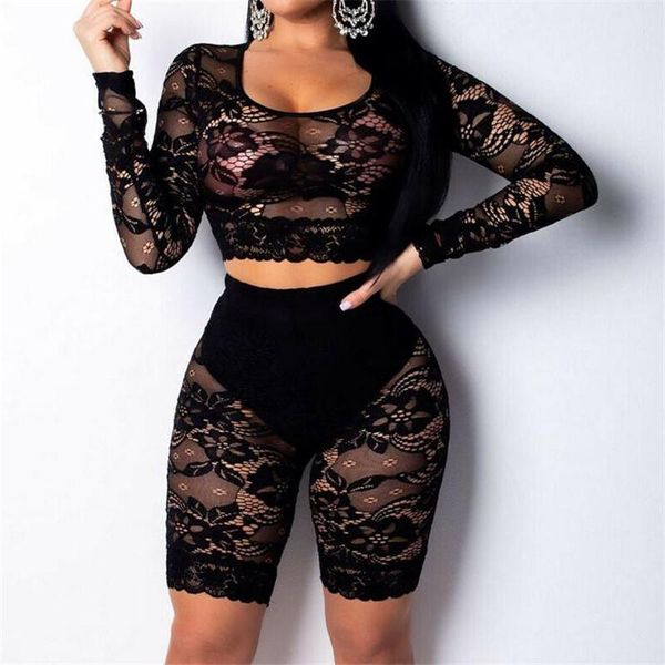 

women's 2pcs crop shorts lace bodycon clothes suit ladies' new long sleeves fashionable summer bodysuit selling, Gray