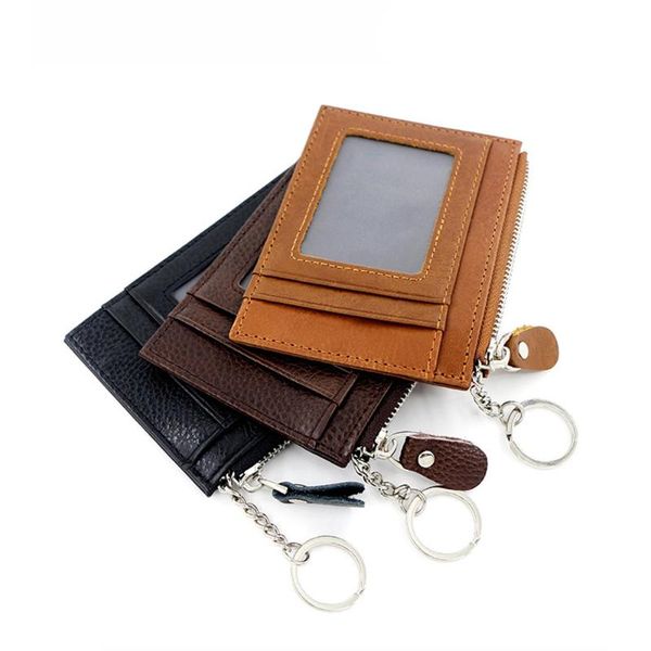 

card holders portable pu leather zipper coin purse business id credit wallet keychain holder women men small change money bags, Brown;gray