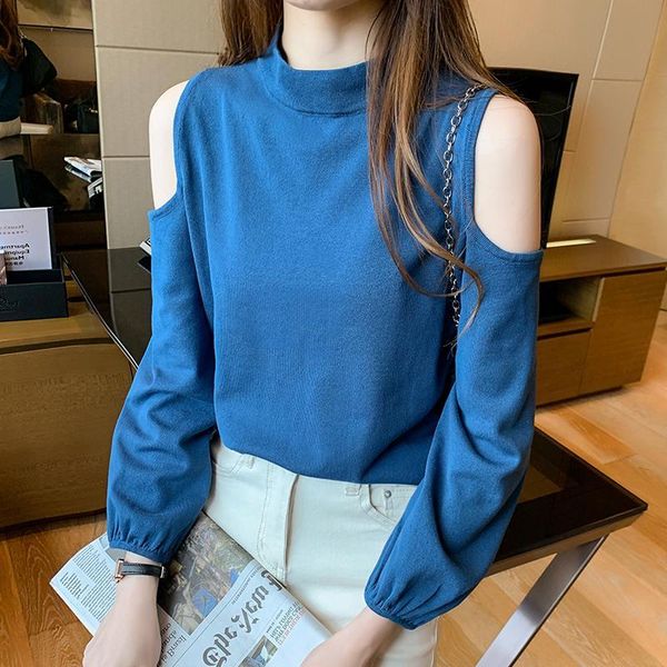 

women's t-shirt autumn 2021 korean version of off-the-shoulder sweater women sweet stand collar long sleeve basic knitted top, White
