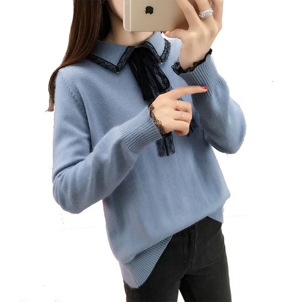 

2021 new korean style womne's autumn spring sweaters slim solid with lace pullovers knitted turn down collar long sleeve casual jumpers, White;black