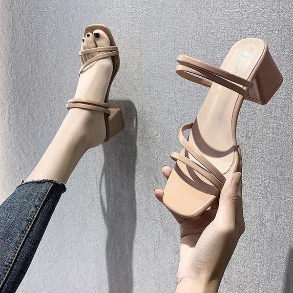 

sandals women ladies square heels elegant summer slippers outside cross tied leather female slides 2021 fashion woman, Black