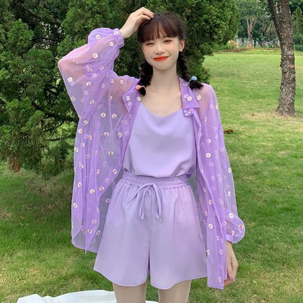 

women blouses perspective daisy embroidery sunscreen coat gauze long lantern sleeve chiffon shirts fairy mesh cardigan blusas, White
