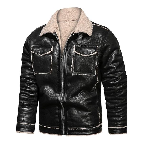 

men's leather & faux winter bomber jackets casual male outwear fleece thick warm coat windbreaker military baseball coats snow overcoat, Black