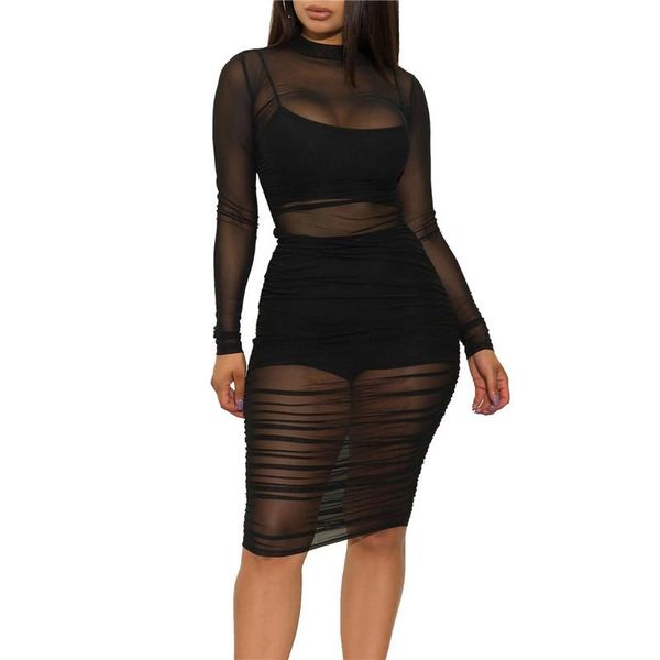 

casual dresses lace mesh see through bodycon party women clubwear mini dress solid sleeveless basic female outfits 2021 trend, Black;gray