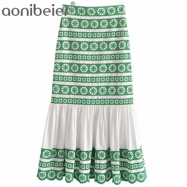 Verde Bordado Stripe Mulheres Casual Beach Ruffles Long Maxi Saia Verão Zíper Cintura Alta Cintura Do Ankle Comprimento Da Mermaid 210604